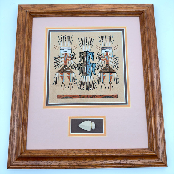 Authentic Navajo Sand Painting Framed Matted Arrowhead Wilton Lee 17" x 15" - Picture 1 of 13